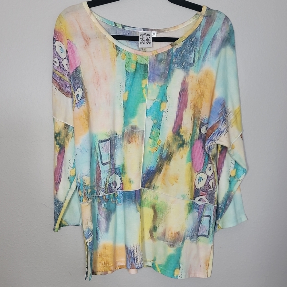 Parsley & Sage Multicolor Tunic Top Size S Watercolor Artsy Long Sleeve Abstract